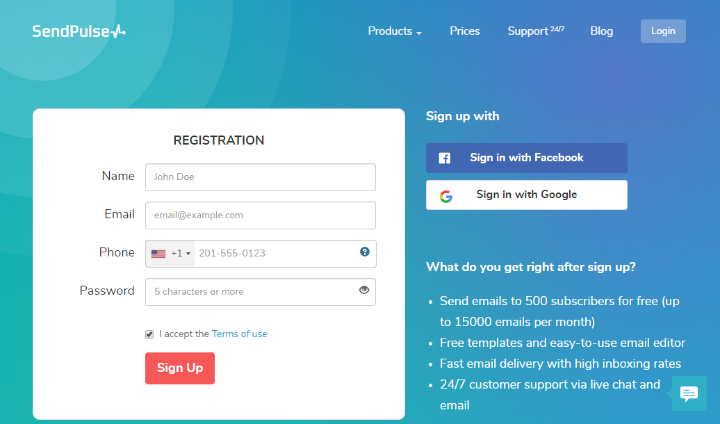 Registration page at SendPulse