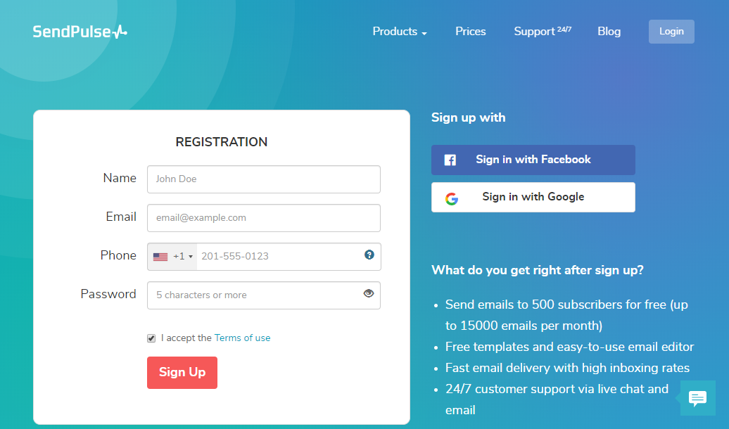 Registration with SendPulse