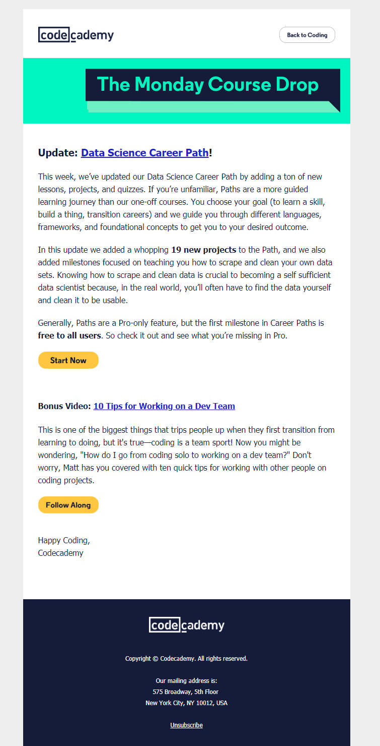 Email from Code Academy