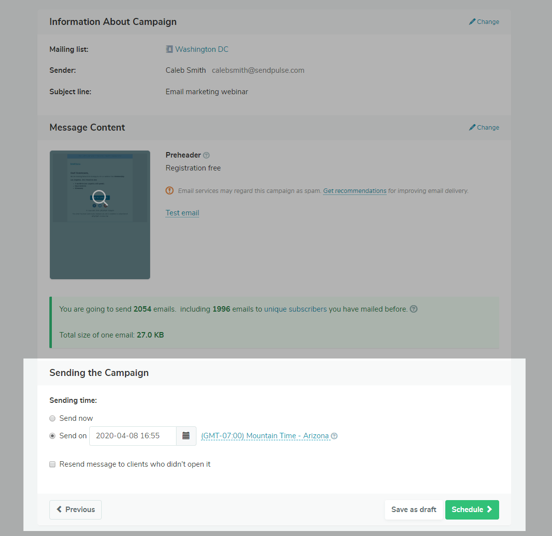 Scheduling an email campaign with SendPulse