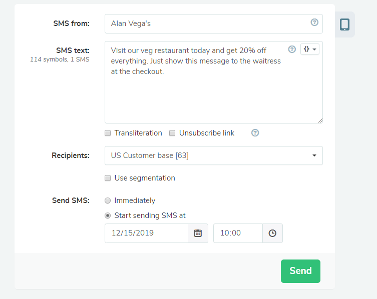 Scheduled SMS in SendPulse