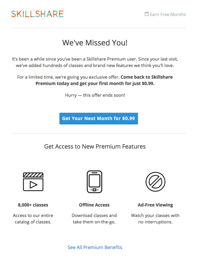 SkillShare re-engagement email campaign
