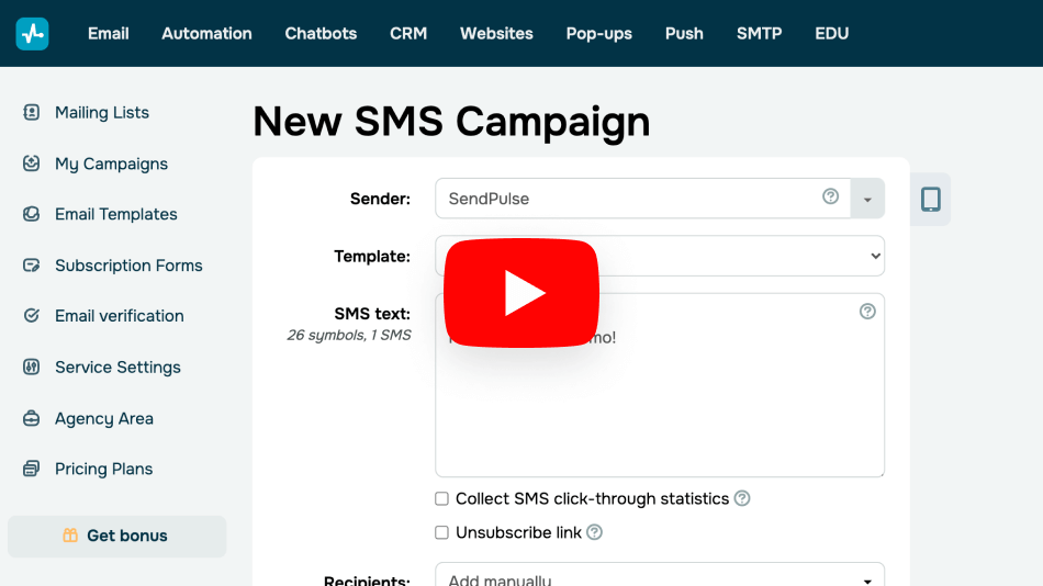 Watch this video for more details on how to send bulk SMS campaigns with SendPulse