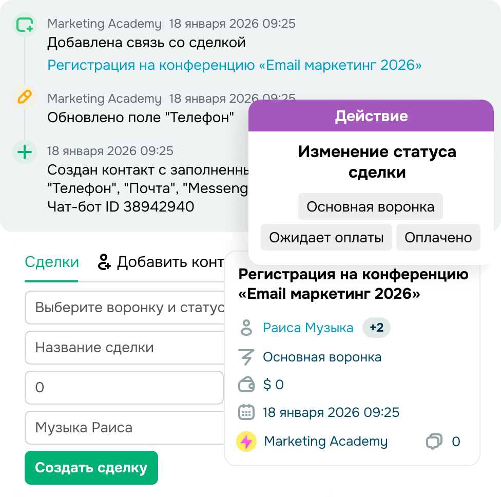 Автоматически фиксируйте сделки и запускайте омниканальные воронки