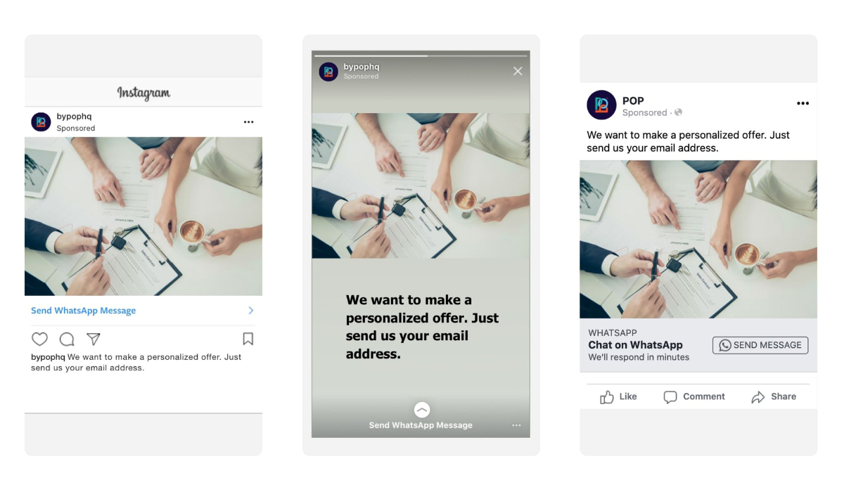 Different ad types to promote your WhatsApp profile on Insta and Facebook