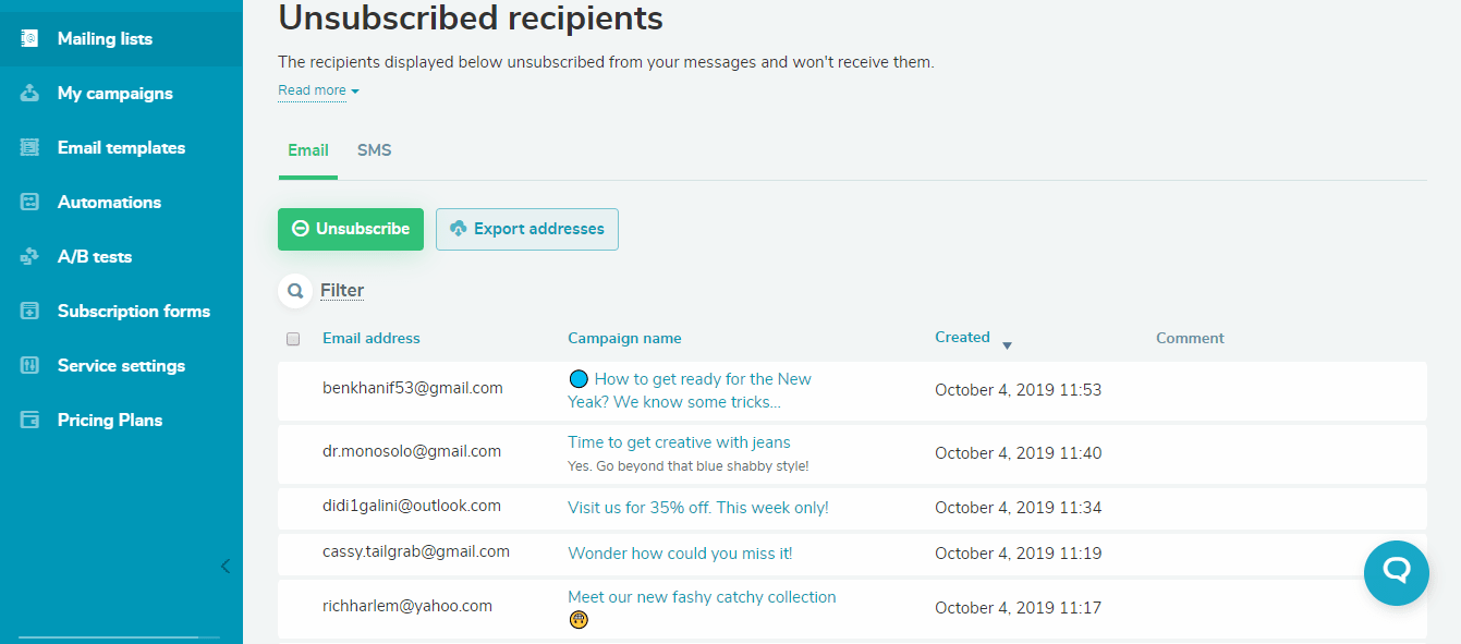 Suppression list in SendPulse