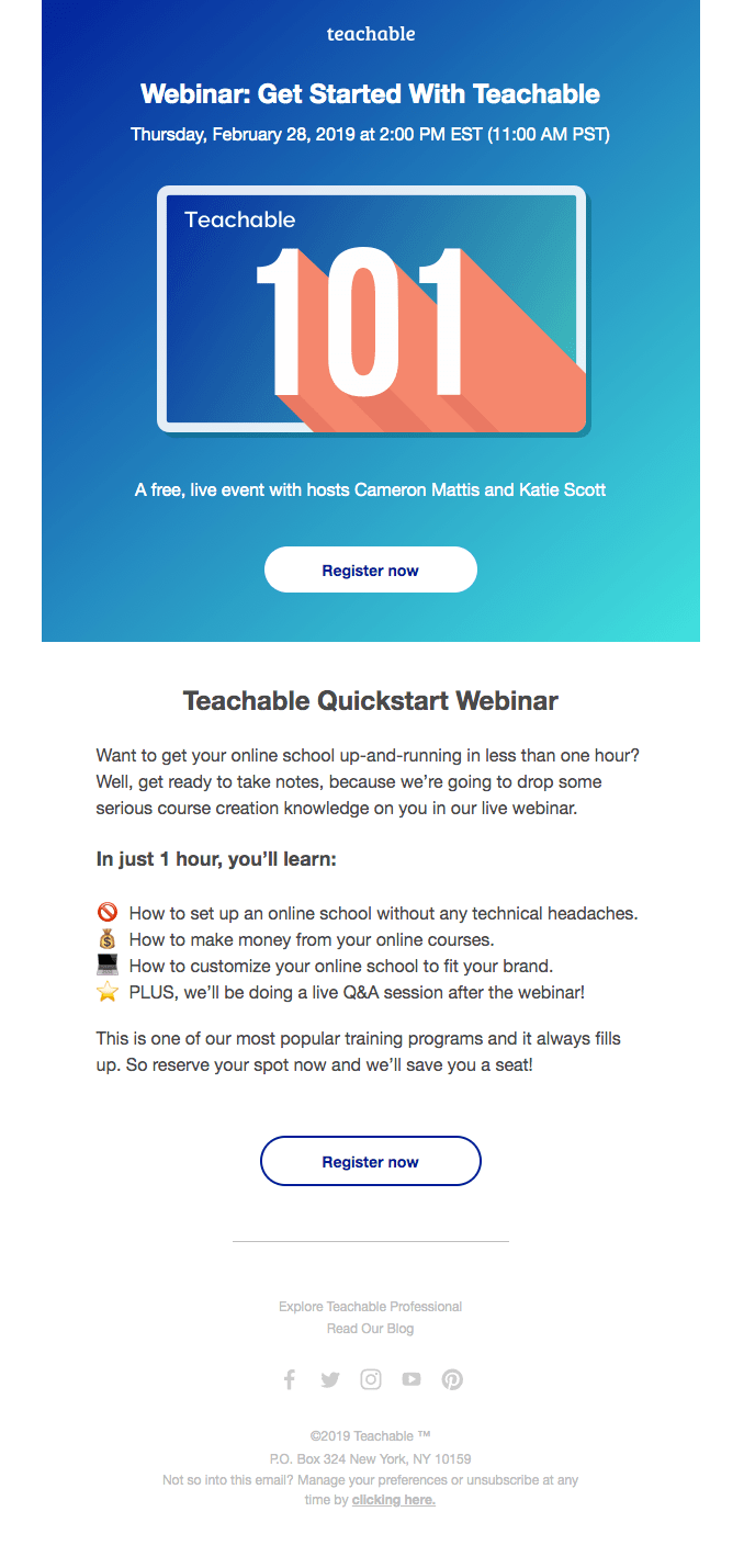 Teachable's webinar invitation