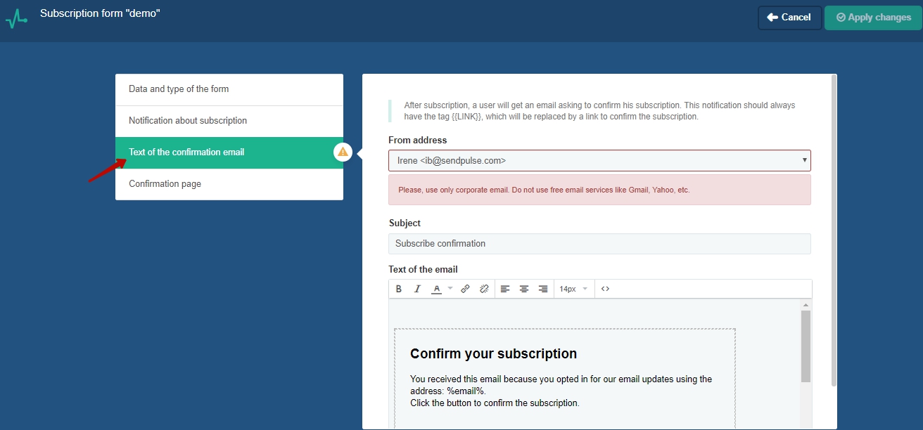 Edit the text of the confirmation email