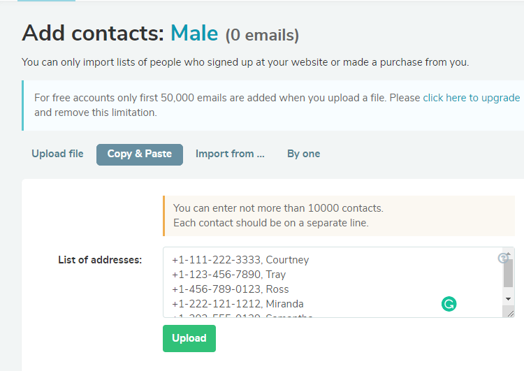 Upload phone numbers