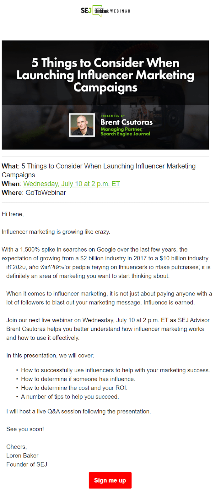 A webinar invitation email sent by SEJ