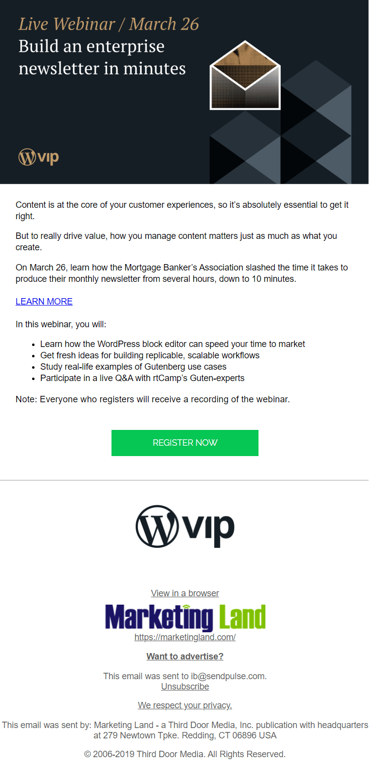 A webinar invitation email sent by Marketing Land