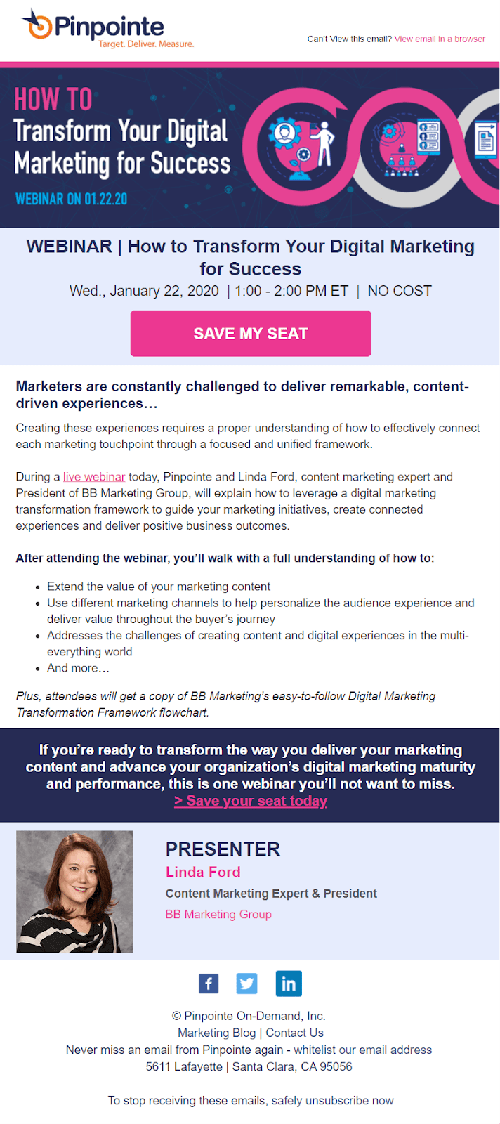 A webinar invitation email sent by PinPointe